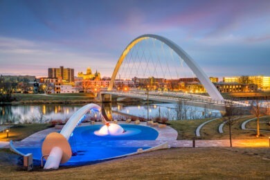 Des Moines Skyline and bridge in foreground