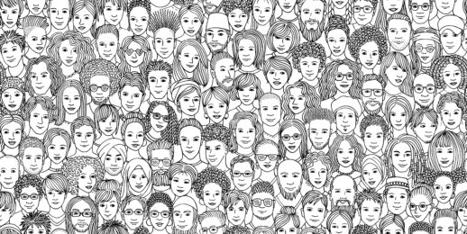 black and white banner of 100 different hand drawn faces of various ethnicities