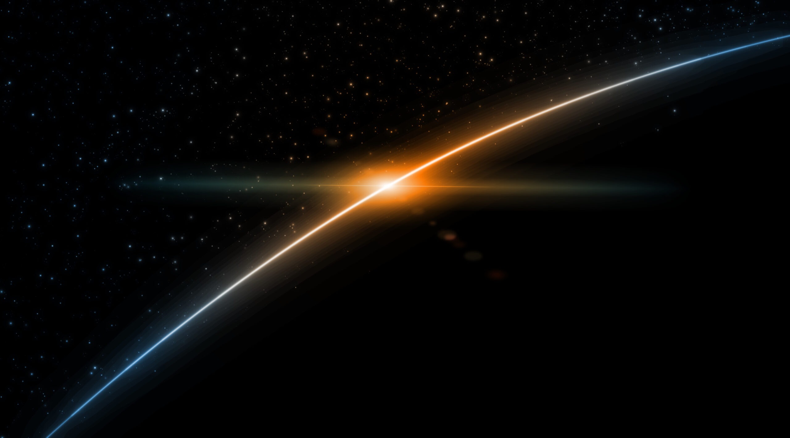 3D Rendering of earth from space with run rising and ray light flare at horizon among glowing stars in galaxy