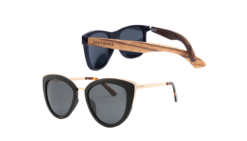 two pairs of sunglasses with wooden arms