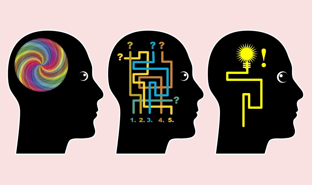illustration of three silhouetted heads showing different learning styles via brain images