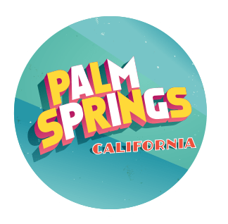 blue stamp that reads "palm springs" in orange and white letters