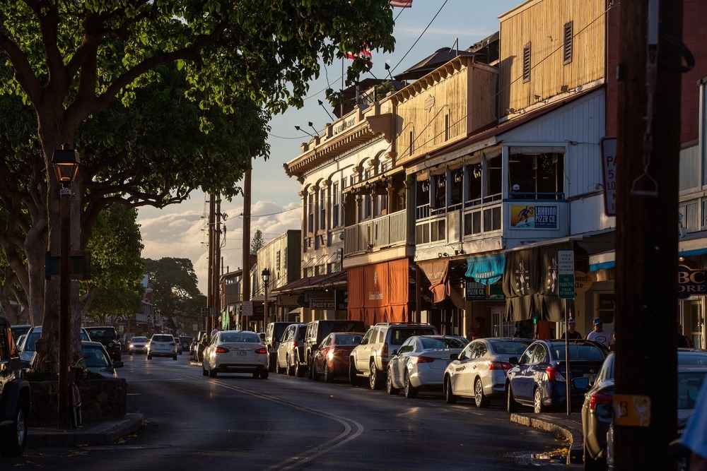 Restaurants and shops on Front Street in the historical town of Lahaina, Maui, Hawaii